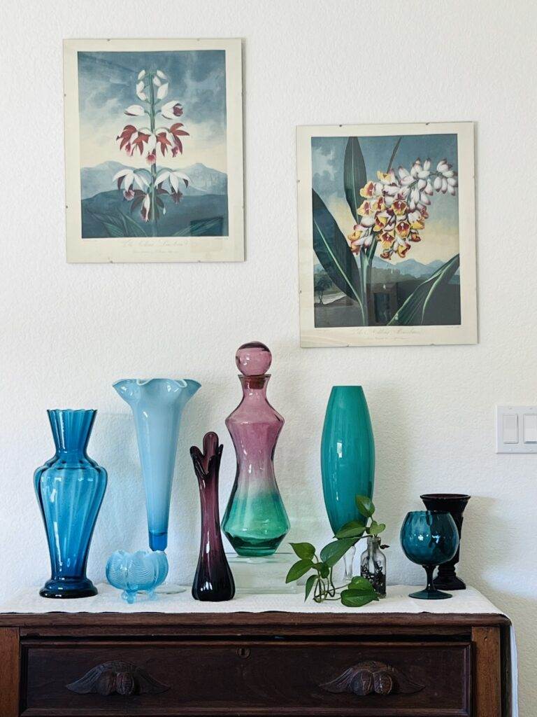 Various Southwestern-style colored glass vases and a desert plant on a rustic wooden cabinet under two botanical prints in the Red Coyote Trading Post, Ft. Mohave, AZ.