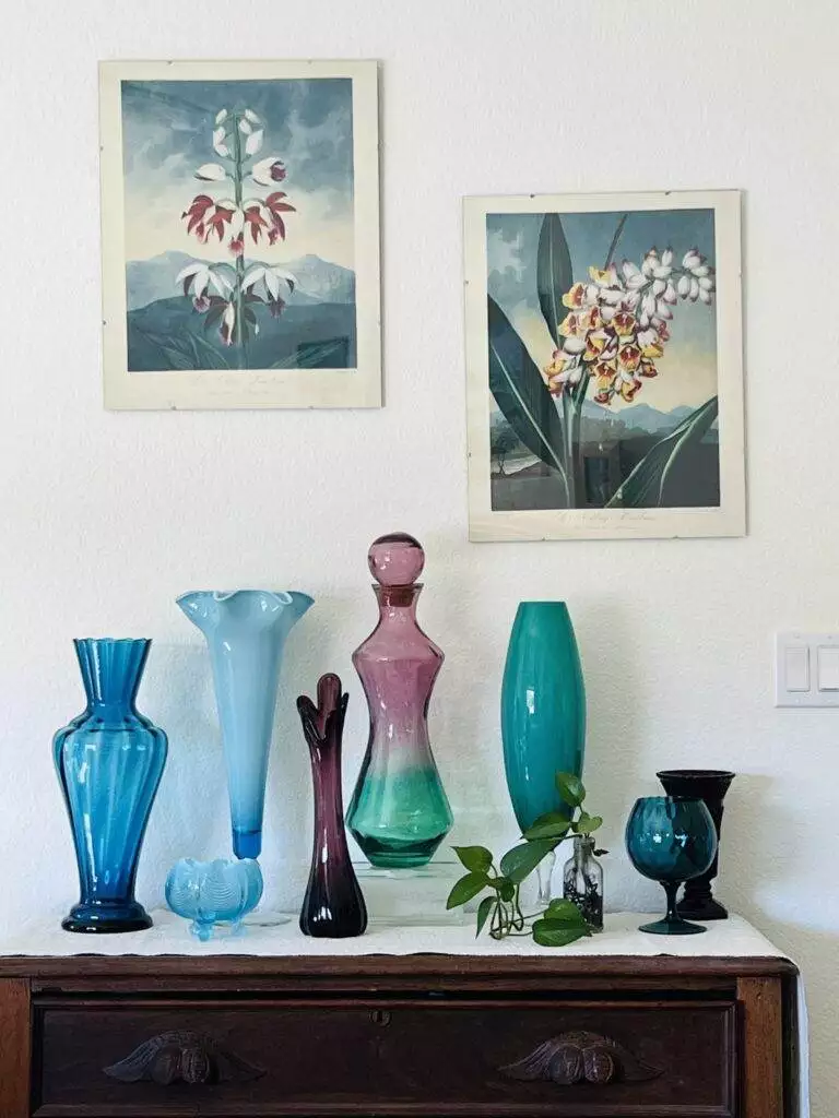 Various Southwestern-style colored glass vases and a desert plant on a rustic wooden cabinet under two botanical prints in the Red Coyote Trading Post, Ft. Mohave, AZ.