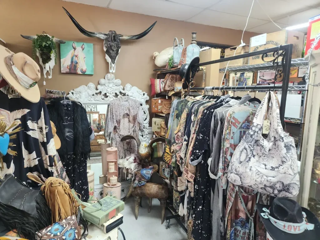 Clothing and accessories store featuring western-themed decor, racks of patterned clothes, hats, bags, and decorative items like a bull skull and vintage furniture.