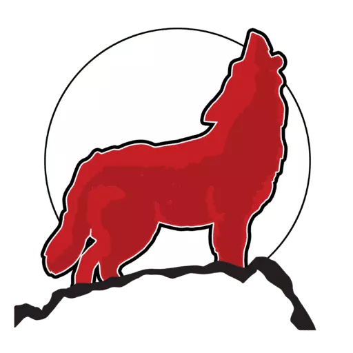 Capture the essence of the Red Coyote Trading Post logo in Ft. Mohave, AZ, with a vivid depiction: Silhouette of a red wolf howling atop a rocky outcrop, set against a mesmerizing full moon backdrop, exuding the spirit of Southwestern artistry and Native American-inspired craftsmanship unique to this iconic trading post.