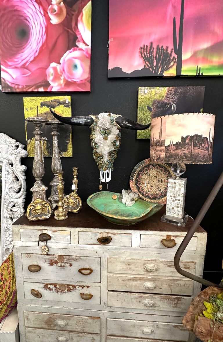 Distressed white dresser with crystal skull and southwestern decor