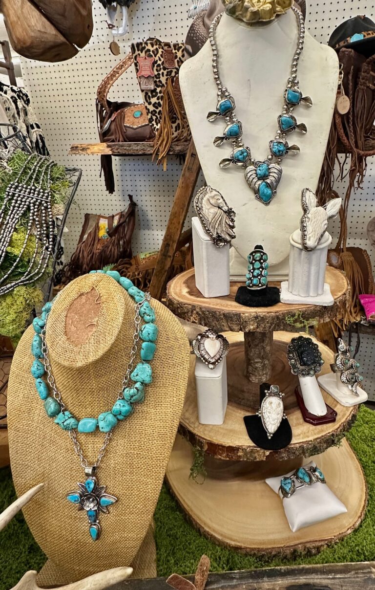 Turquoise and silver Southwestern jewelry display