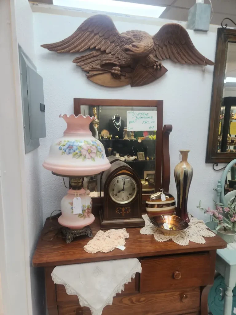 Antique dresser with mirror Southwestern vintage clock and floral lamp