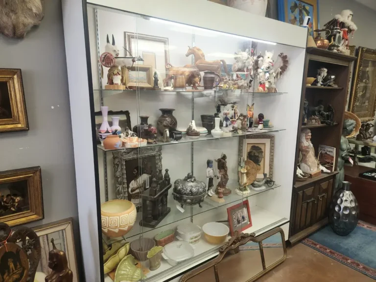 Glass display case filled with gems and jewelry