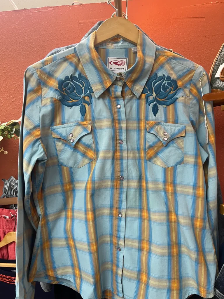 Blue and yellow plaid Western shirt with embroidered roses