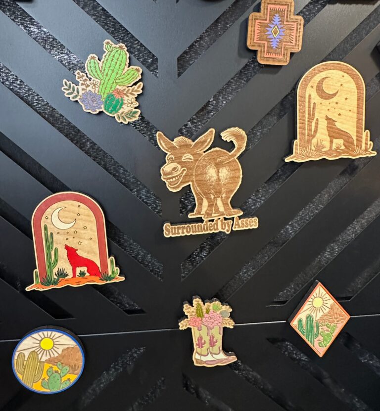 Southwestern wooden magnets with humorous donkey designs